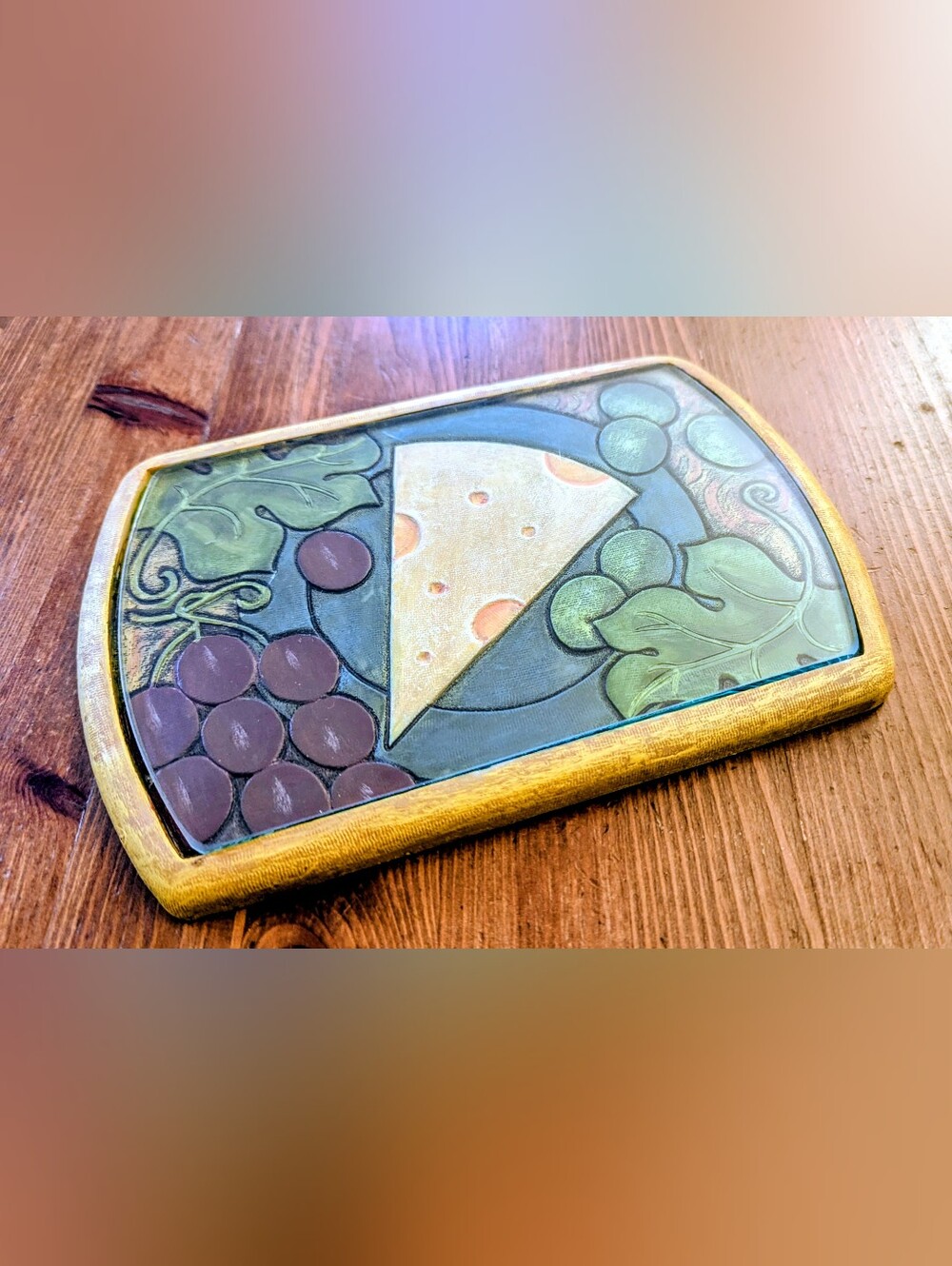 Vintage Joie de Vivre Embossed Cheese Cutting Board Serving Tray W/Removable Top